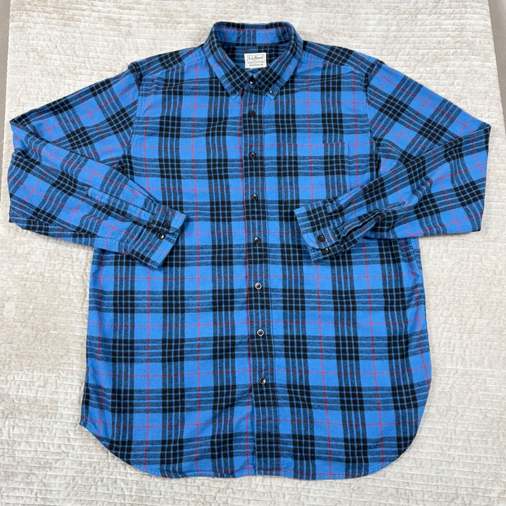 LL Bean Mens Flannel Shirt Blue Black Red Plaid Traditional Fit Button Down L